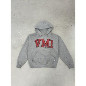 Vintage 90s Russell Athletic VMI Hoodie Made In USA Grey Boxy Medium Thrashed